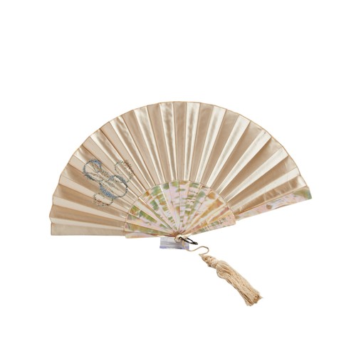 391 - DUVELLEROY, PARIS, A FAN;with mother of pearl guards and sticks, the silk leaf painted with a floral... 