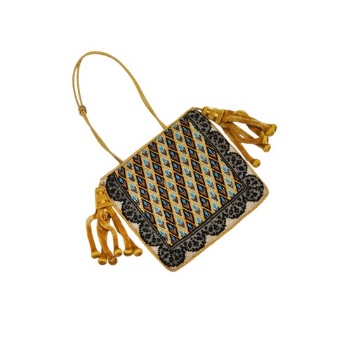 394 - A LADY'S RETICULE, CIRCA 1860; the wool work and metal thread body with yellow chenille tassels. mea... 