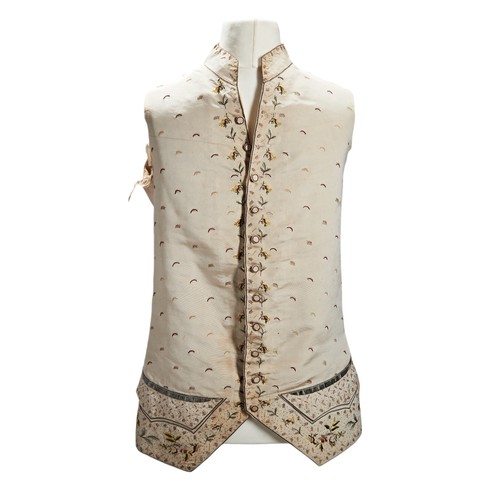 410 - AN EIGHTEENTH CENTRY GENTLEMAN'S SILK WAISTCOAT;with cotton back and interfacings, the front embroid... 