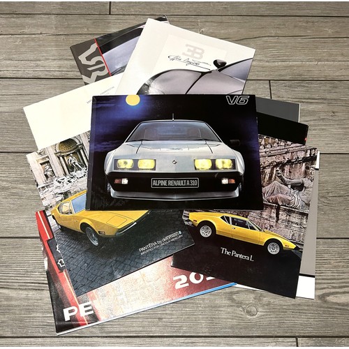 131 - A COLLECTION OF 10+ CONTINENTAL CAR BROCHURES, BUGATTI, VENTURI, DE-TOMASO RENAULT ALPINA AND OTHERS... 