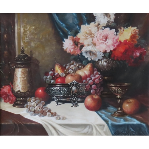 278 - BELA BALOGH (1909-1980) STILL LIFE OIL PAINTING ON CANVAS, depicting flowers, fruitbowl and a tankar... 