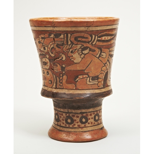 121 - A MAYAN PAINTED POTTERY VESSEL. Probably a drinking cup, the slightly tapering bowl upon a flared pe... 