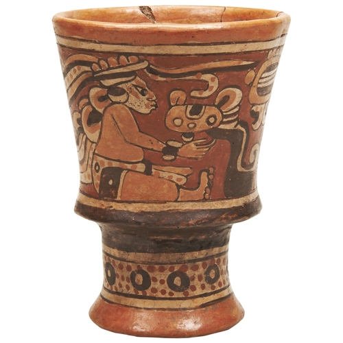 121 - A MAYAN PAINTED POTTERY VESSEL. Probably a drinking cup, the slightly tapering bowl upon a flared pe... 