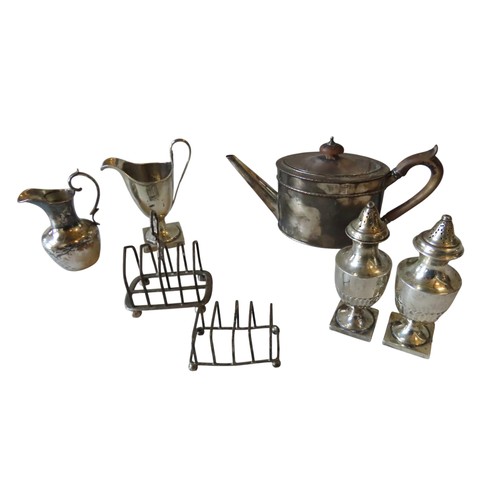 344 - A PAIR OF VICTORIAN SILVER PEPPERETTES AND HELMET FORM CREAMER, the fluted waisted peperettes marked... 