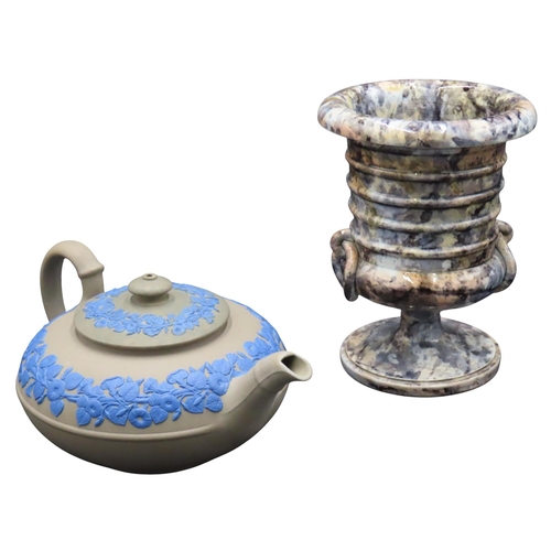 189 - A WEDGWOOD JASPERWARE TEAPOT AND A WHIELDON STYLE MARBLED GLAZE VASE, 19TH CENTURY, the compressed g... 