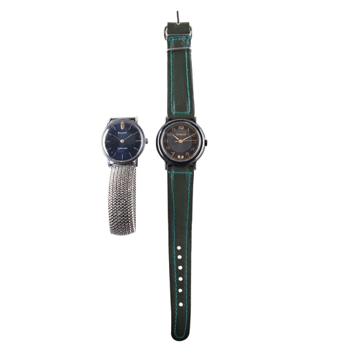 368 - BULOVA LONGCHAMP VINTAGE WRISTWATCH WITH BLUE DIAL AND A RAKETA MANUAL WIND WRISTWATCH IN A BLACK CA... 