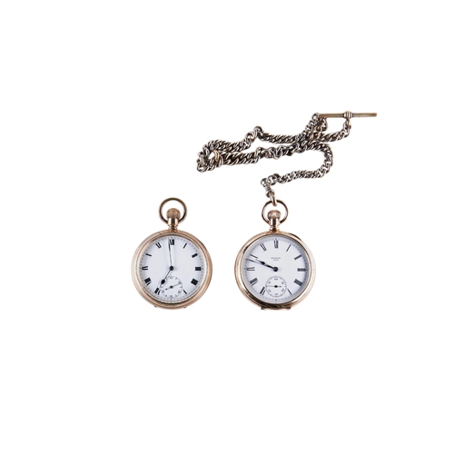 383 - AN ELGIN GOLD PLATED POCKET WATCH AND AN ASSOCIATED PLATED WATCH CHAIN AND ANOTHER GOLD PATED POCKET... 