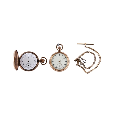 362 - AN AMERICAN GOLD PLATED POCKET WATCH (AF) A WALTHAM TRAVELLER POCKET WATCH (AF) AND A BASE METAL WAT... 