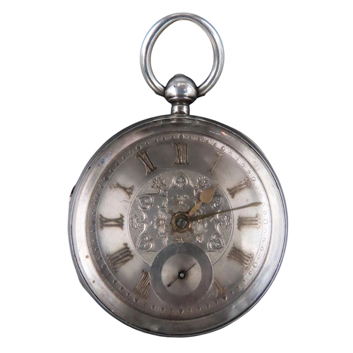 358 - A SILVER CASED POCKET WATCH, the ornate engine turned silvered dial with subsidiary seconds dial, th... 