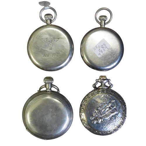 390 - A MOERIS WWII GERMAN MILITARY POCKET WATCH AND AN INGERSOLL MASONIC POCKET WATCH, the Moeris watch e... 