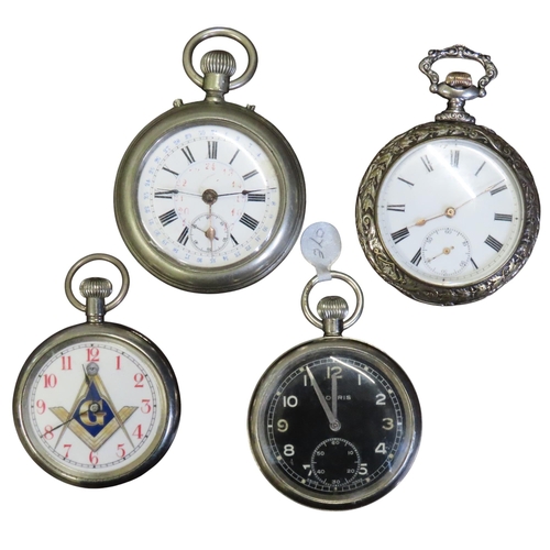 390 - A MOERIS WWII GERMAN MILITARY POCKET WATCH AND AN INGERSOLL MASONIC POCKET WATCH, the Moeris watch e... 