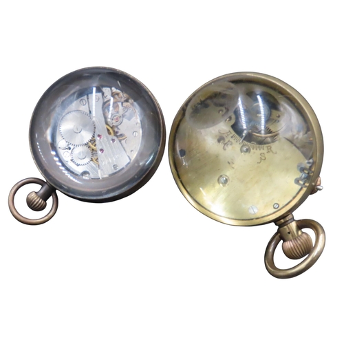 369 - TWO VINTAGE DESK BALL CLOCKS, the larger with a white dial painted with with floral festoons, the sm... 