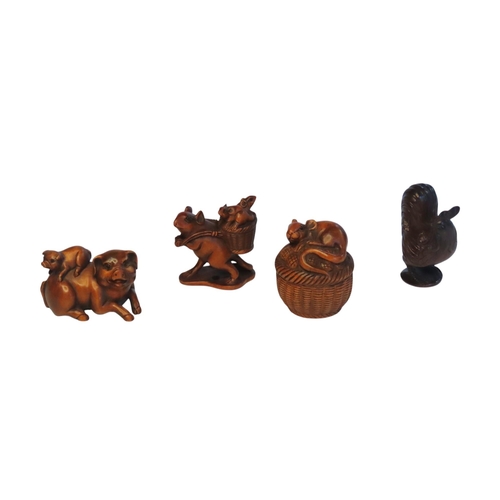 449 - A GROUP OF EIGHT CARVED WOODEN ZOOMORPHIC NETSUKES, 20TH CENTURY, the netukes depicting rats, owls, ... 