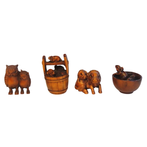 449 - A GROUP OF EIGHT CARVED WOODEN ZOOMORPHIC NETSUKES, 20TH CENTURY, the netukes depicting rats, owls, ... 