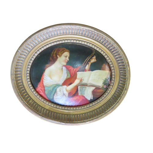 269 - TWO OVAL OIL PAINTINGS ON CONVEX PANELS, 20TH CENTURY, one depicting a robed maiden playing a lute, ... 