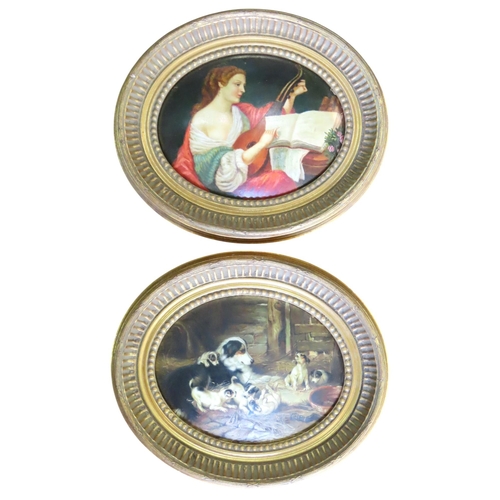 269 - TWO OVAL OIL PAINTINGS ON CONVEX PANELS, 20TH CENTURY, one depicting a robed maiden playing a lute, ... 