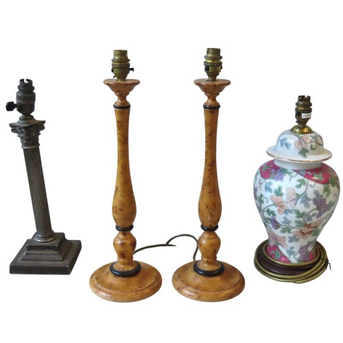 79 - A PAIR OF TURNED WOODEN SPONGE PAINTED TABLE LAMPS, together with a silver plated Corinthian table l... 