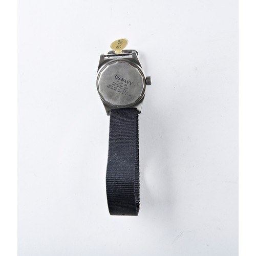 388 - A 'US NAVY' STYLE MANUAL WIND WRIST WATCH WITH WEBBING STRAP, the caseback with US Navy WWW, MIL-W-3... 