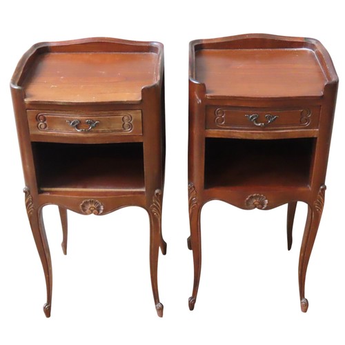 17 - A PAIR OF FRENCH NIGHT STANDS, three quarter galleried top over a frieze drawer with storage below, ... 