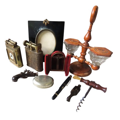 436 - AN INSCRIBED SNUFF BOX, NOVELTY CAP GUN, TREEN CONDIMENT STAND AND OTHER SUNDRIES, the lot also incl... 