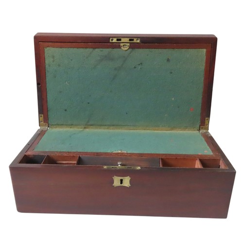 298 - A VICTORIAN MAHOGANY WRITING SLOPE, rectangular form, the hinged lid inset with a brass cartoucher p... 