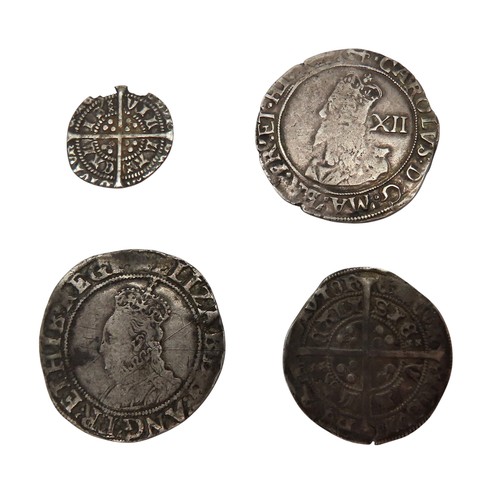 155 - ELIZABETH I HAMMERED SILVER SHILLING (1558-1603), some curvature and obvious wear, a Charles I (1625... 