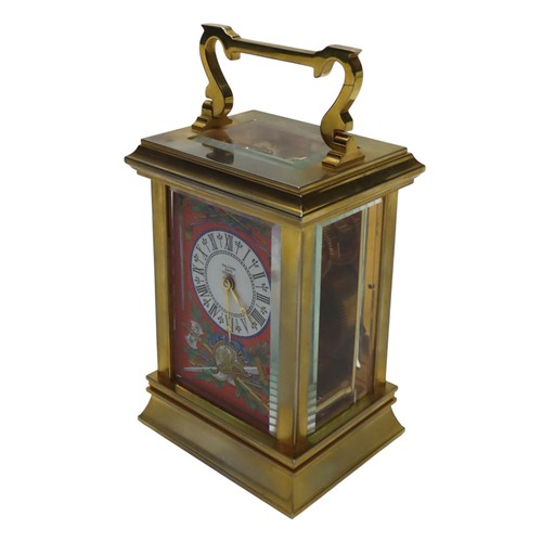 105 - A HALCYON DAYS BRASS AND ENAMEL CARRIAGE CLOCK, the corniche case containing a coral coloured dial w... 