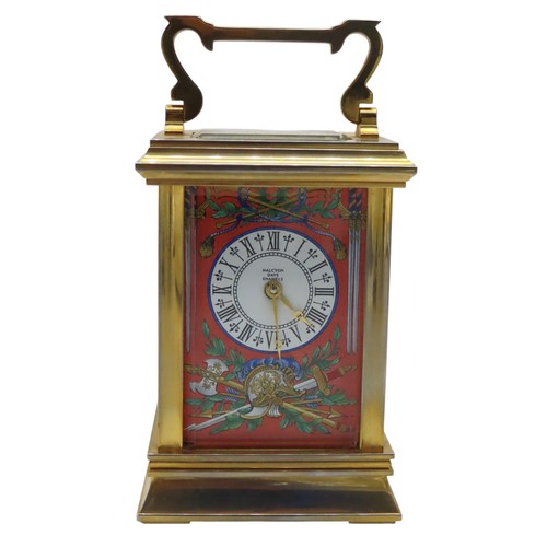 105 - A HALCYON DAYS BRASS AND ENAMEL CARRIAGE CLOCK, the corniche case containing a coral coloured dial w... 