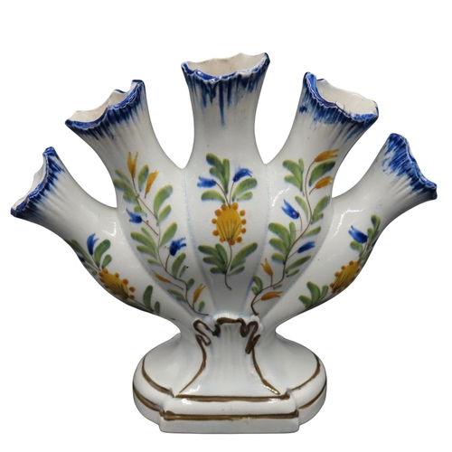 184 - A PEARL WARE TULIP VASE, EARLY 19TH CENTURY, the five bulbous branches painted with polychrome flora... 