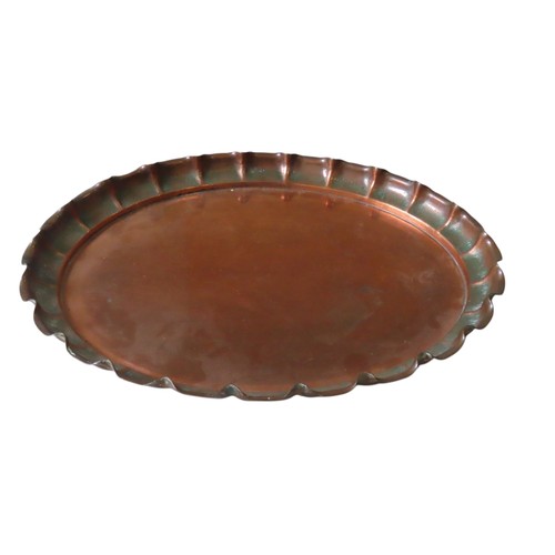 89 - A VINTAGE COPPER TRAY BY JOSEPH SANKEY & SONS, CIRCA 1920, oval form with crimped, scalloped edg... 