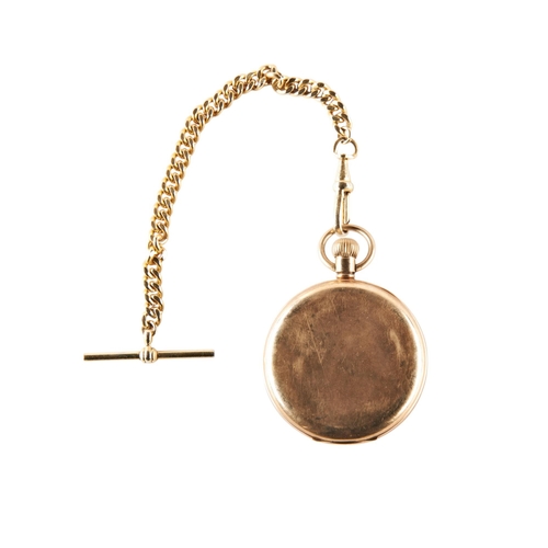 411 - A POCKET WATCH IN A 9CT GOLD CASE the dial marked J.W Benson, London with a plated watch chain.