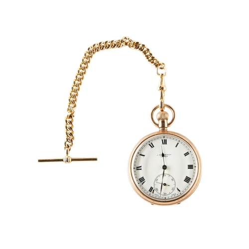 411 - A POCKET WATCH IN A 9CT GOLD CASE the dial marked J.W Benson, London with a plated watch chain.