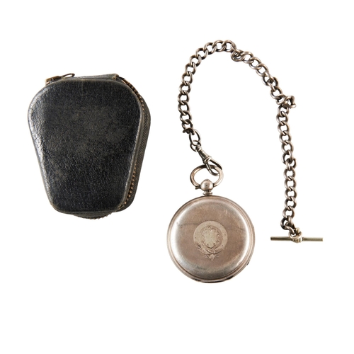 417 - SILVER CASED POCKET WATCH, CHESTER 1874, with a silver watch chain (Plated T Bar and hook). Another ... 