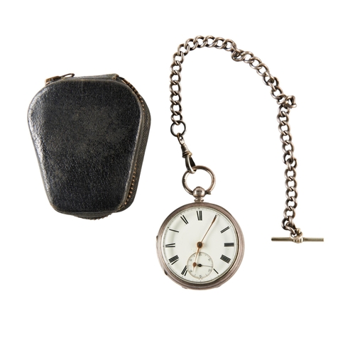 417 - SILVER CASED POCKET WATCH, CHESTER 1874, with a silver watch chain (Plated T Bar and hook). Another ... 