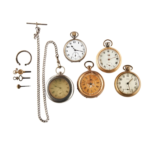 417 - SILVER CASED POCKET WATCH, CHESTER 1874, with a silver watch chain (Plated T Bar and hook). Another ... 