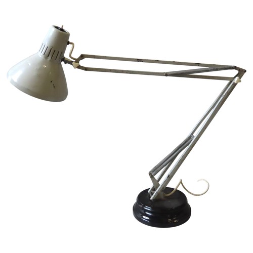 80 - A VINTAGE ANGLE POISE LAMP, pale grey colour, mounted on a circular socle base110 cm high max