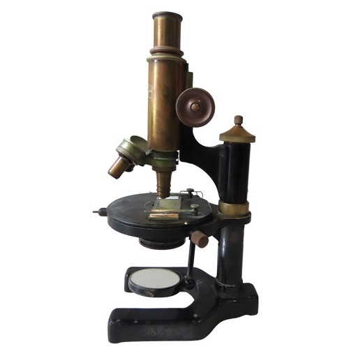 102 - KARL ZEISS JENA MICROSCOPE No. 55093  brass monocular microscope with triple objective turret, circu... 