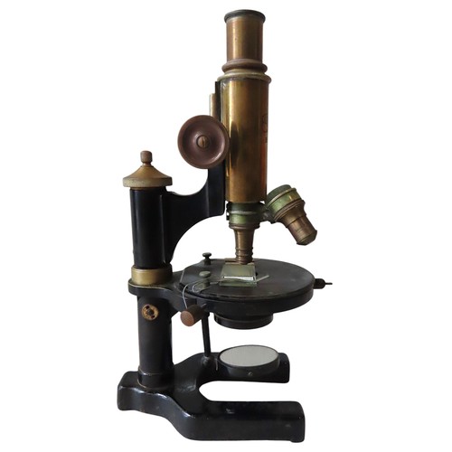 102 - KARL ZEISS JENA MICROSCOPE No. 55093  brass monocular microscope with triple objective turret, circu... 