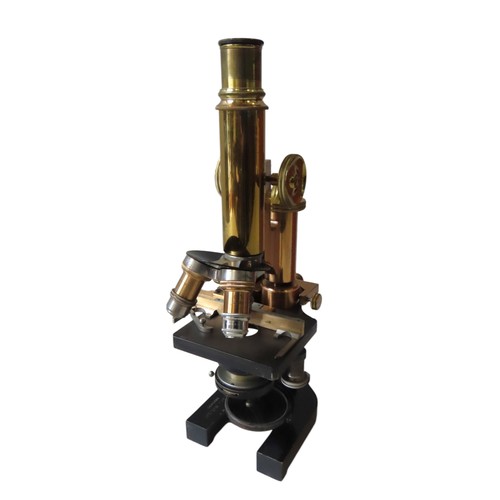 103 - LEITZ WETZLAR MONOCULAR MICROSCOPE No. 85455, in lacquered brass with single focus adjust, triple ob... 