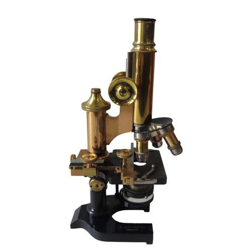 103 - LEITZ WETZLAR MONOCULAR MICROSCOPE No. 85455, in lacquered brass with single focus adjust, triple ob... 