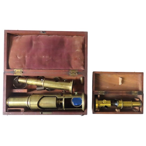 100 - C19TH BRASS FIELD MICROSCOPE of typical cylinder form with some modifications and another smaller ex... 