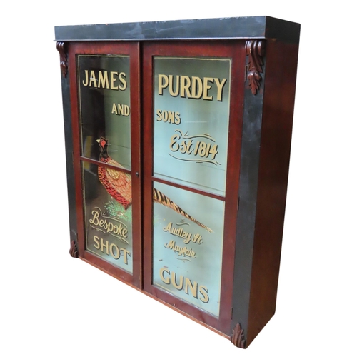 37 - A GLAZED MAHOGANY DISPLAY CABINET, the twin doors painted with a pheasant and inscribed 'James Purde... 