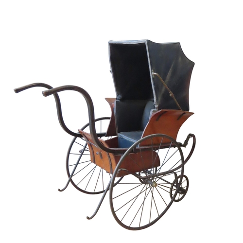 458 - A 19TH CENTURY CHILD'S PARK STROLLER BUGGY, the carriage with folding leather canopy, mounted on a s... 