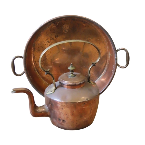 90 - A 19TH CENTURY COPPER KETTLE AND PRESERVING PAN, the scrolling ring handle of the kettle stamped 'B ... 