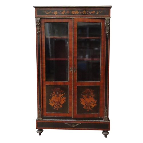 8 - A FRENCH VETRINE CABINET, 19TH CENTURY, with marquetry decorated frieze and door panels, the glazed ... 