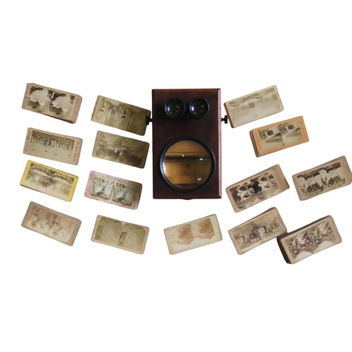 452 - A VINTAGE TABLE TOP STEREOSCOPE, LATE 19TH CENTURY, in a rectangular case, opening to reveal an ease... 