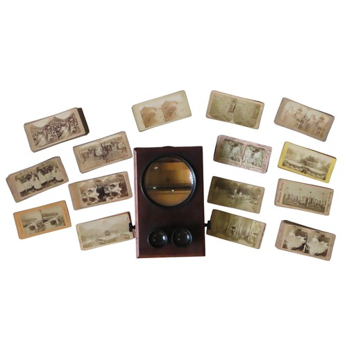 452 - A VINTAGE TABLE TOP STEREOSCOPE, LATE 19TH CENTURY, in a rectangular case, opening to reveal an ease... 