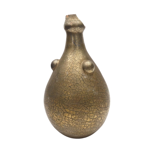 191 - AN ELTON WARE VASE WITH A GOLD CRACKLE GLAZED FINISH and three raised roundel under a bottle shaped ... 