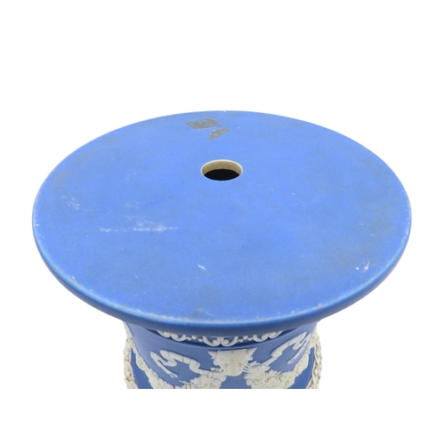 188 - A WEDGWOOD BLUE JASPER WARE SQUAT PEDESTAL AND A PAIR OF WEDGWOOD BLUE JASPER CACHE POTS21cm max... 