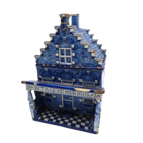 199 - A DELFT MODEL HOUSE/BOX the roof forming a lid, the portico with the inscription, IN'T MAKKUMER HUIS... 